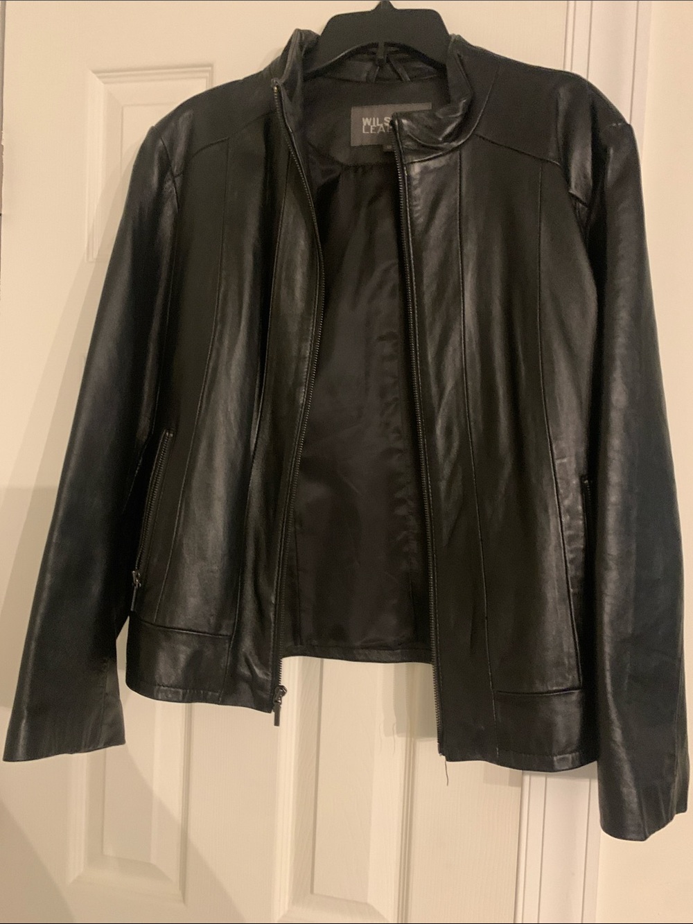 Women Black Leather Jacket side zipper pockets